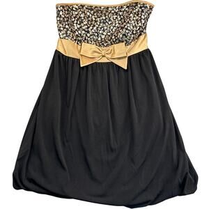 Jessica McClintock 90s Black Gold Sequin Strapless Mini Balloon Dress Women 9